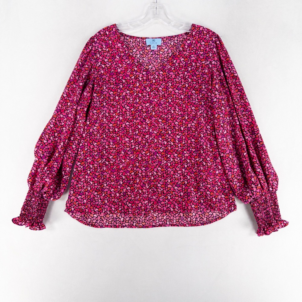 CeCe Womens Blouse M Pink Red Heart Print V-Neck Smocked Cuff Puff Sleeve Top